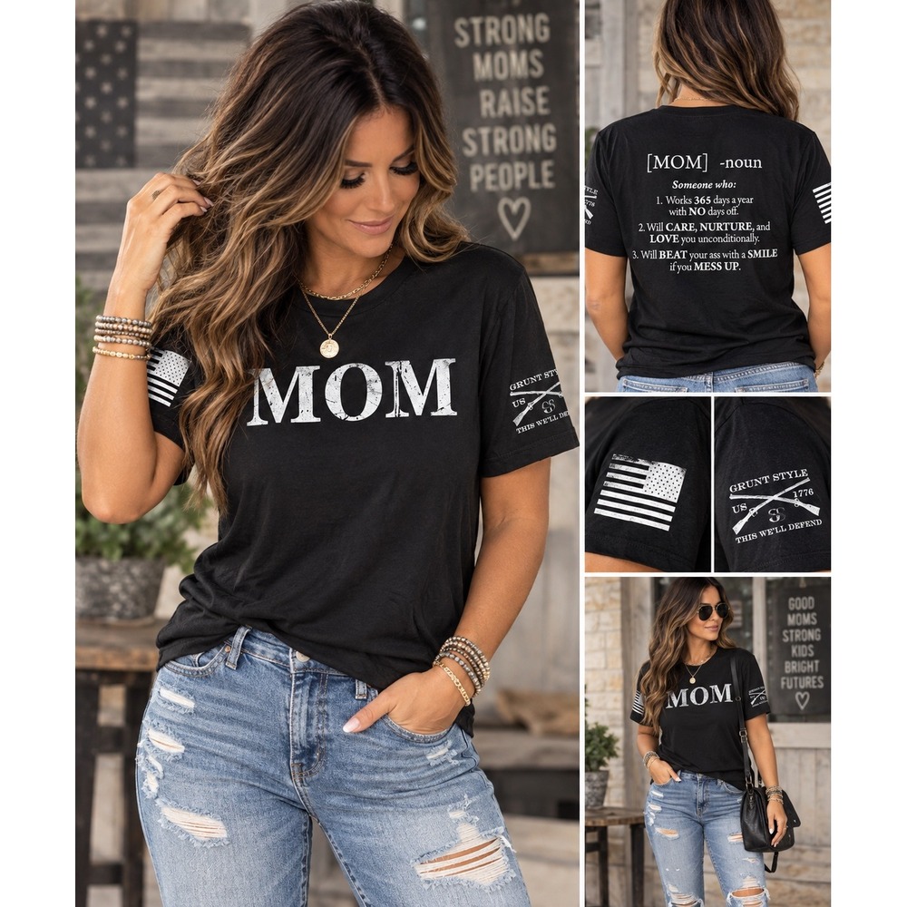 Grunt Style Womens Black Mom Noun Graphic Tee T-Shirt XL Distressed Flag